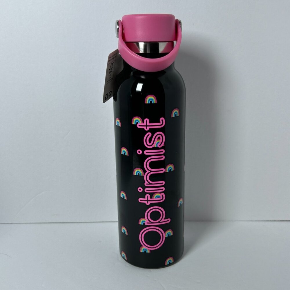 Claire’s Girls 20oz Stainless Steel Water Bottle Optimist Black Pink Rainbow NWT - Picture 10 of 10
